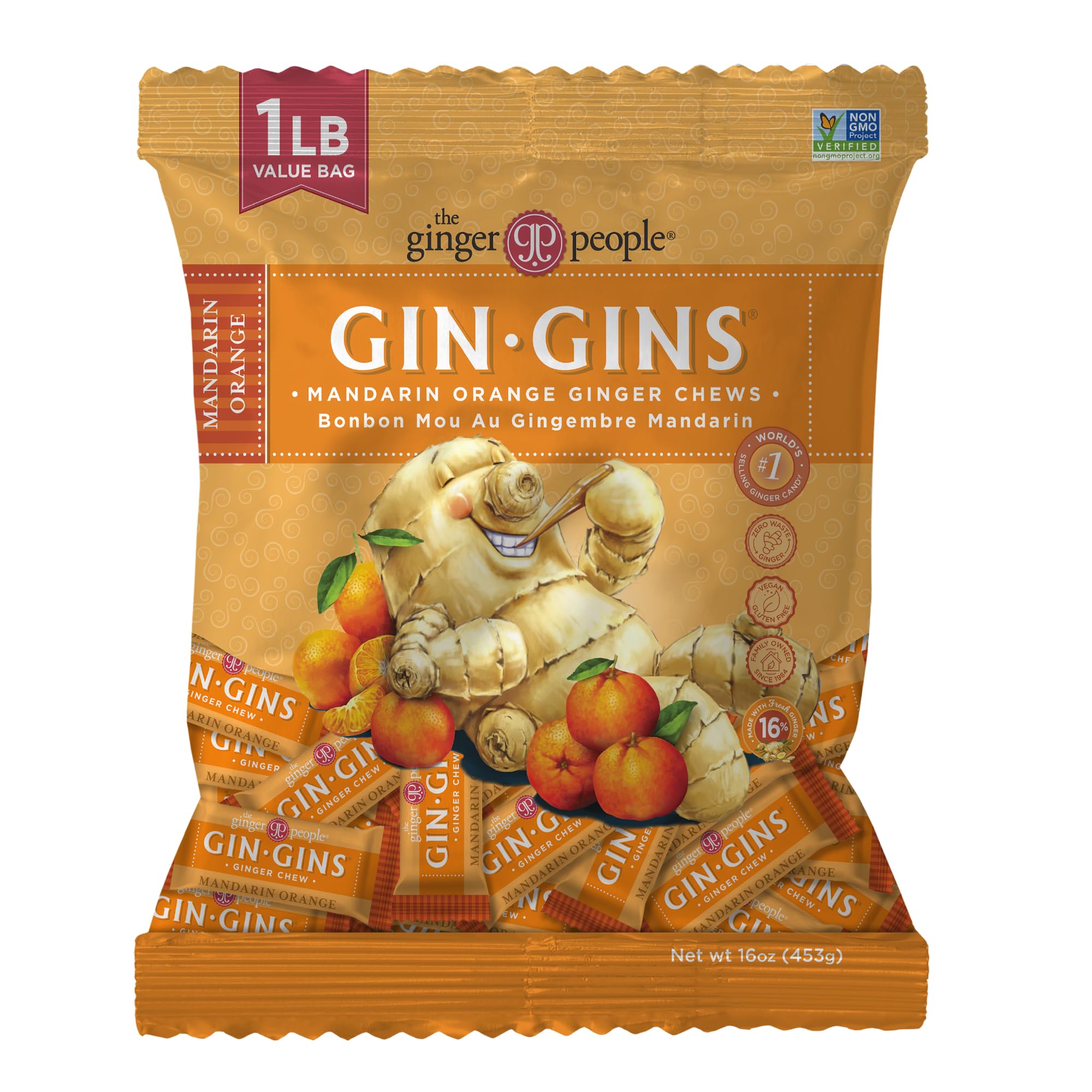 The Ginger People GIN GINS Mandarin Orange Chews in a bag for easy everyday snacking.