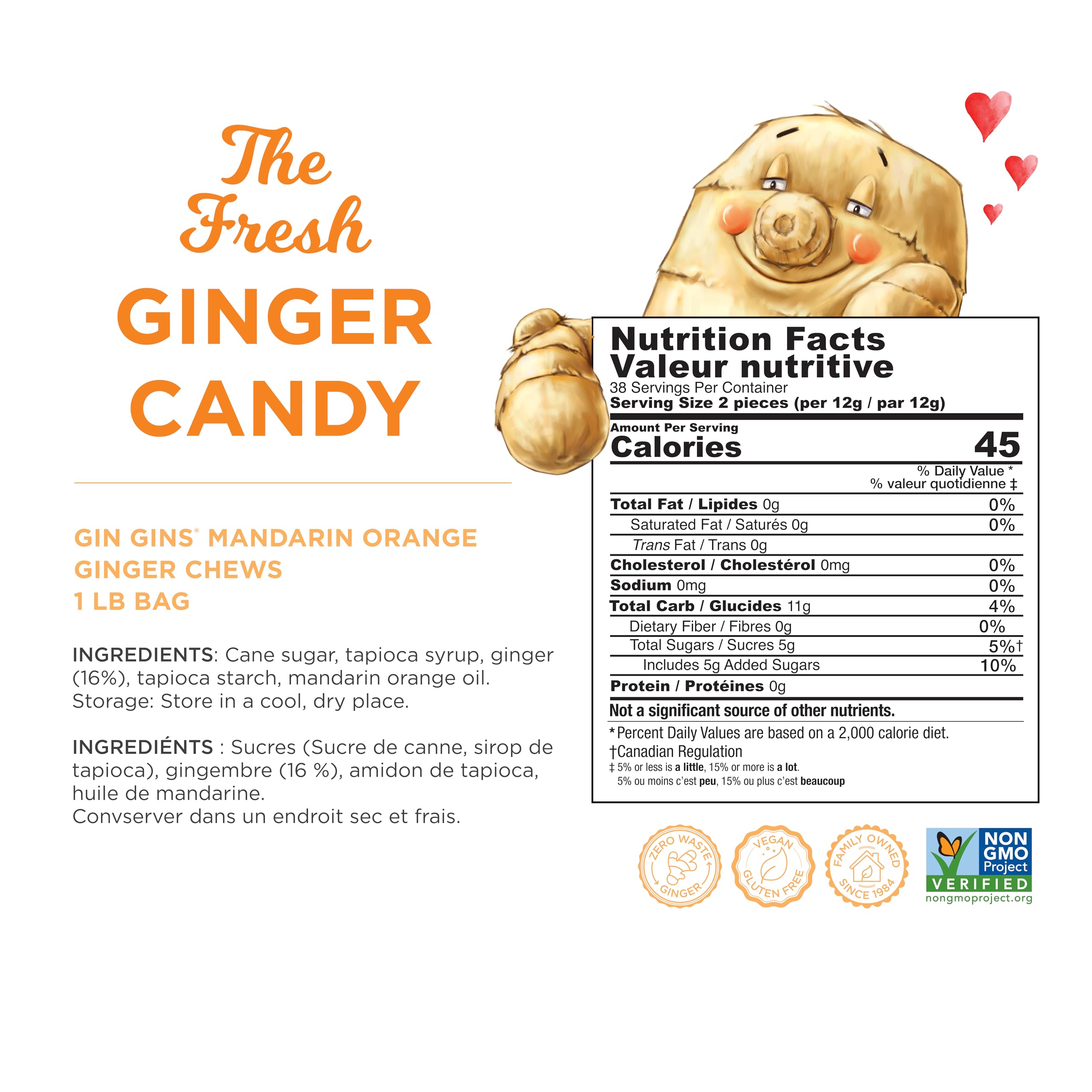 Closeup of GIN GINS Mandarin Orange Chews packaging highlighting natural ginger flavor.