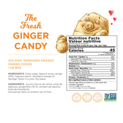 Closeup of GIN GINS Mandarin Orange Chews packaging highlighting natural ginger flavor.