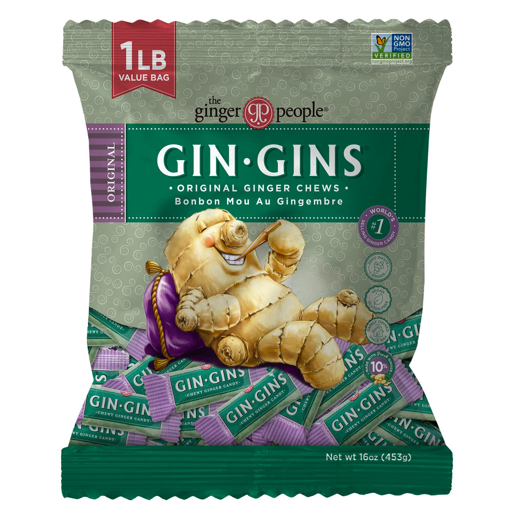 The Ginger People Gin Gins Original ginger chews bag for on-the-go snacking.