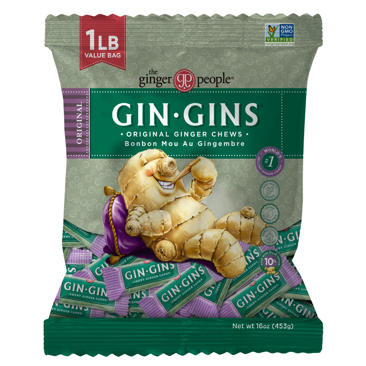 The Ginger People Gin Gins Original ginger chews bag for on-the-go snacking.