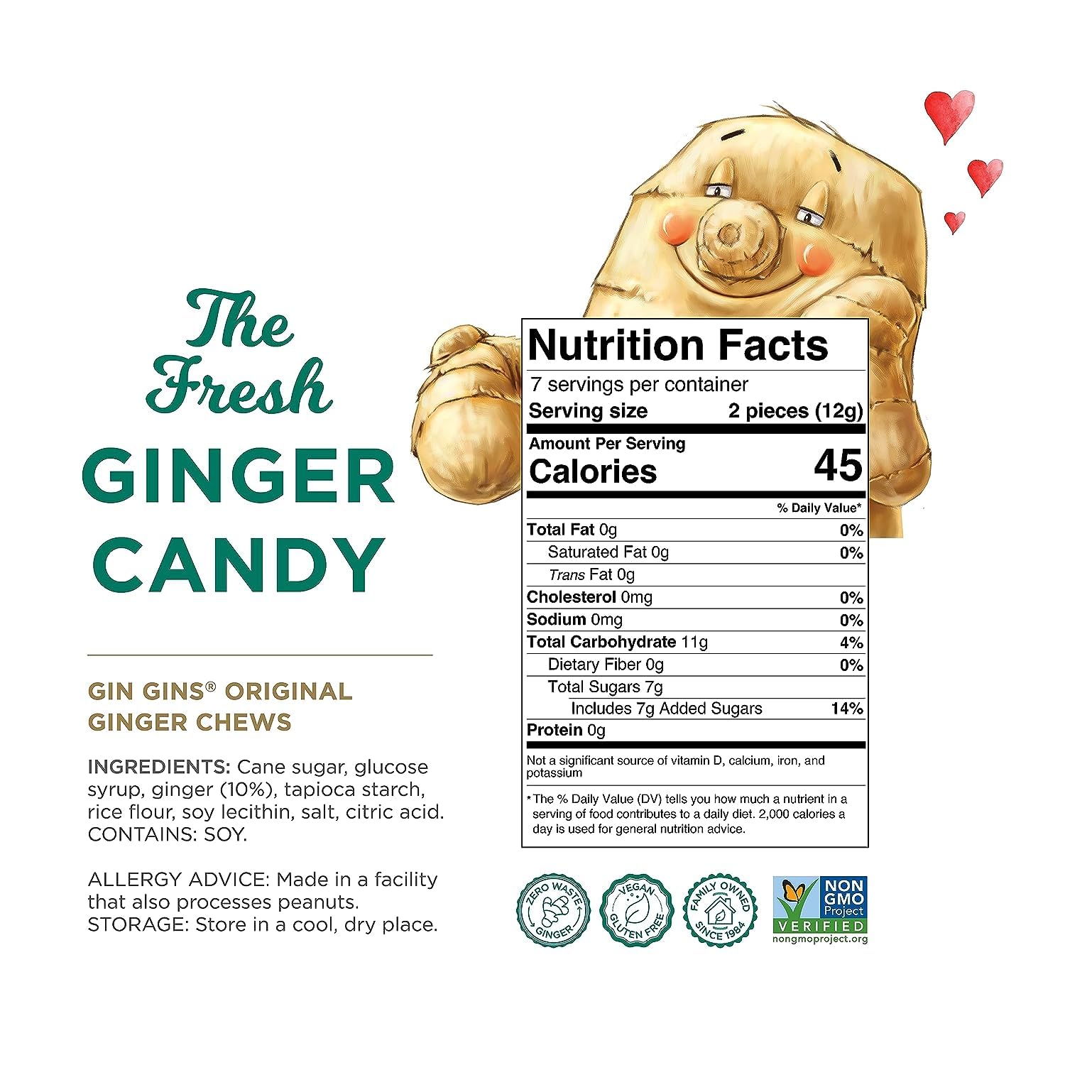 The Ginger People GIN GINS original ginger chews open bag ready for on-the-go snacking.