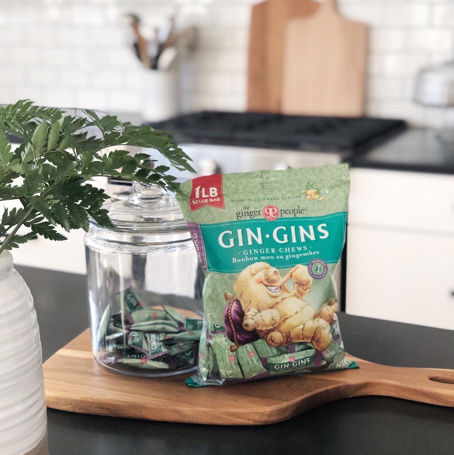 Gin Gins packaging label highlights natural ingredients and sustainable sourcing.