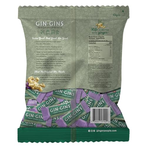 Whole ginger root beside Gin Gins package emphasizes fresh ginger content.