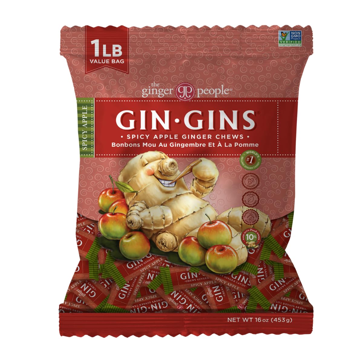 The Ginger People GIN GINS spicy apple ginger chews in a 1 lb bag for on-the-go digestion support