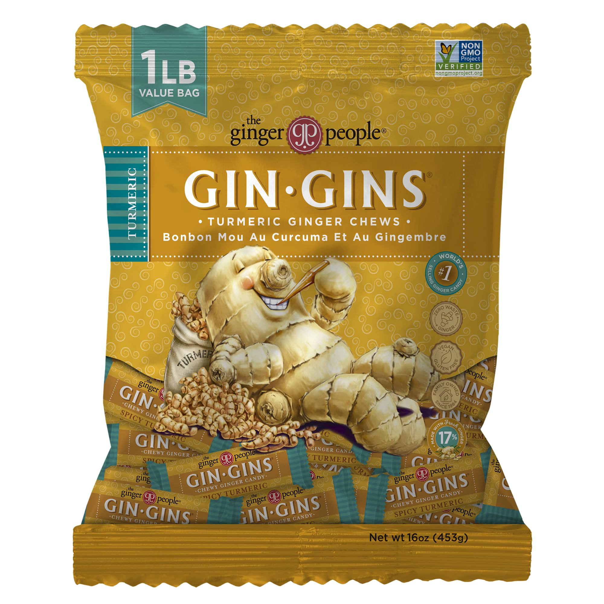 The Ginger People Gin Gins Spicy Turmeric Ginger Chews in a resealable pack for on-the-go digestion support.