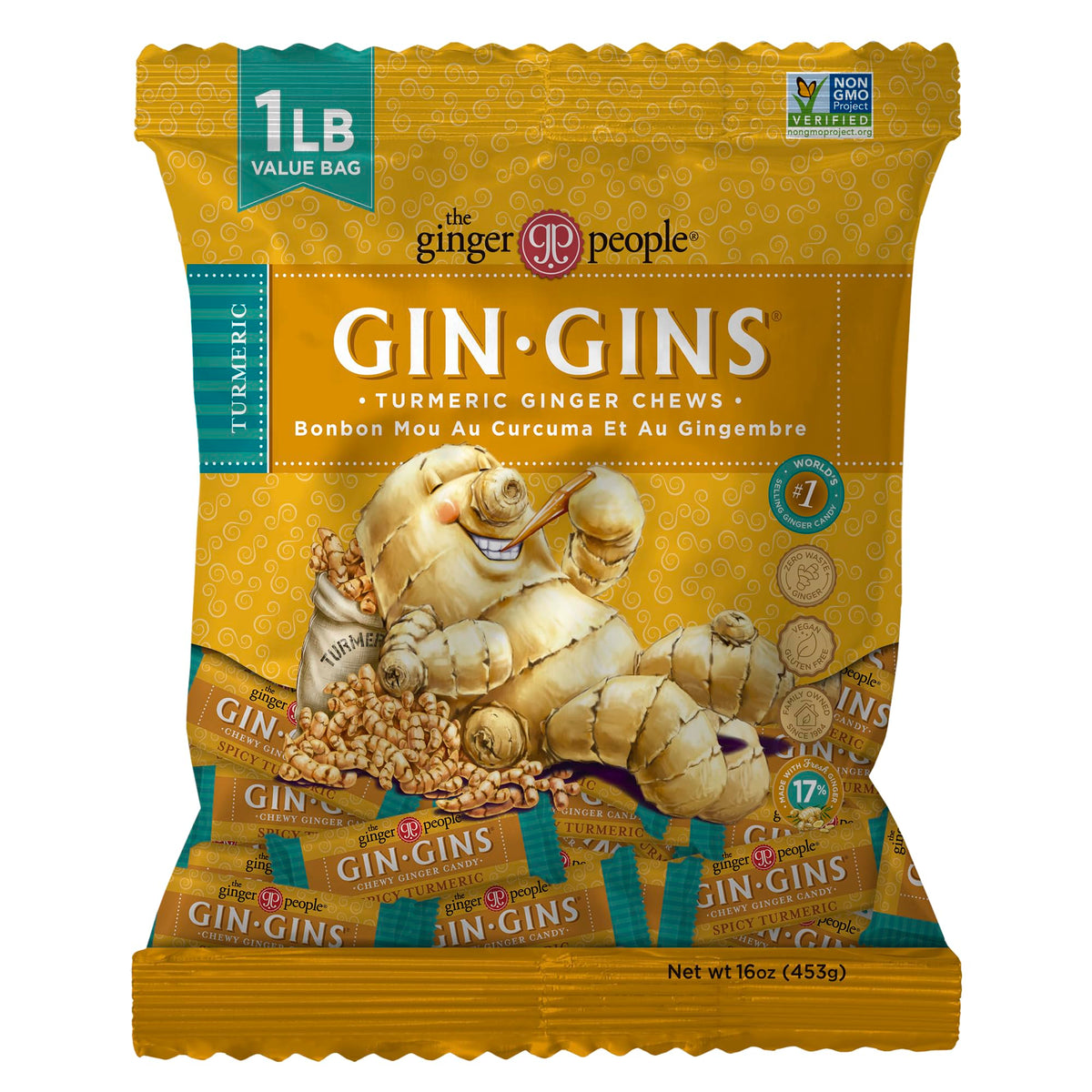 The Ginger People Gin Gins Spicy Turmeric Ginger Chews in a resealable pack for on-the-go digestion support.