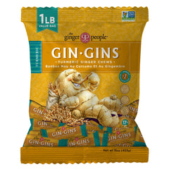 The Ginger People Gin Gins Spicy Turmeric Ginger Chews in a resealable pack for on-the-go digestion support.
