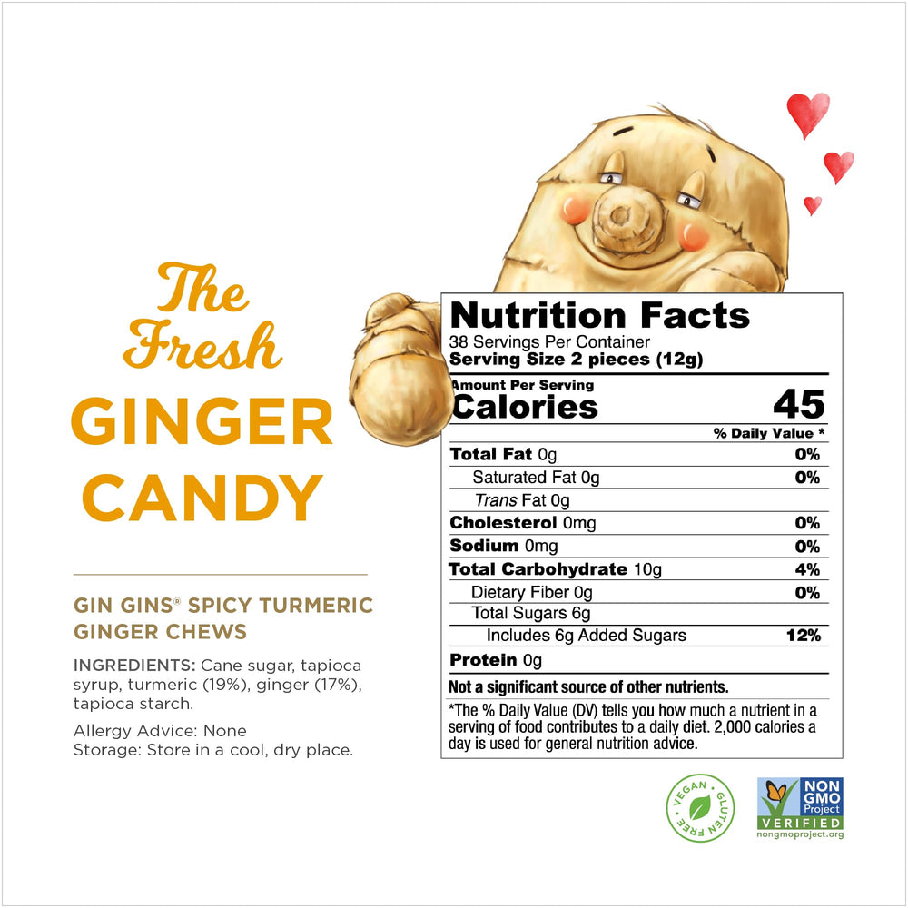 Gin Gins Spicy Turmeric Ginger Chews displayed in a tidy pack for convenient snacking.
