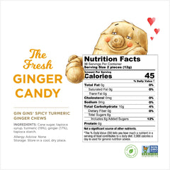 Gin Gins Spicy Turmeric Ginger Chews displayed in a tidy pack for convenient snacking.