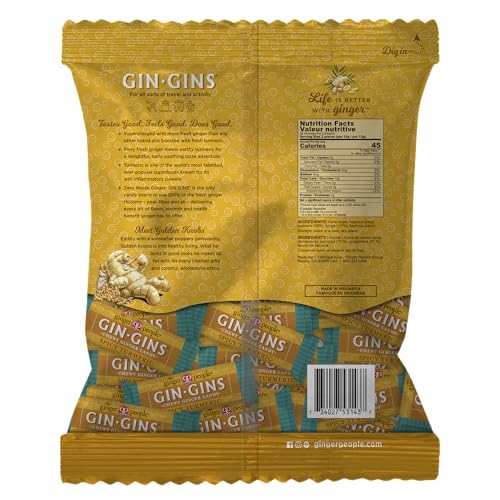 Close-up of The Ginger People Gin Gins spicy turmeric ginger chews in an open pack.