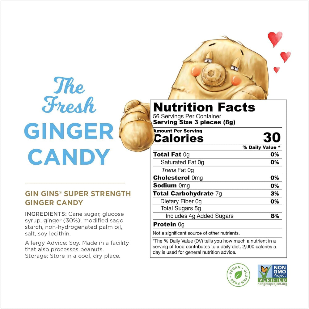 The Ginger People Gin Gins Super Strength bag side shows clean ingredients and vegan notes.