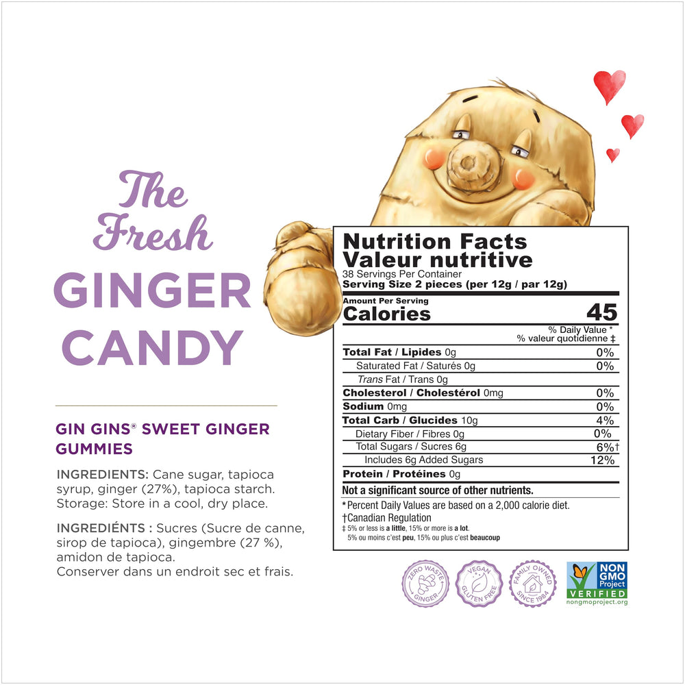 The Ginger People GIN GINS back label highlights vegan, gluten-free options