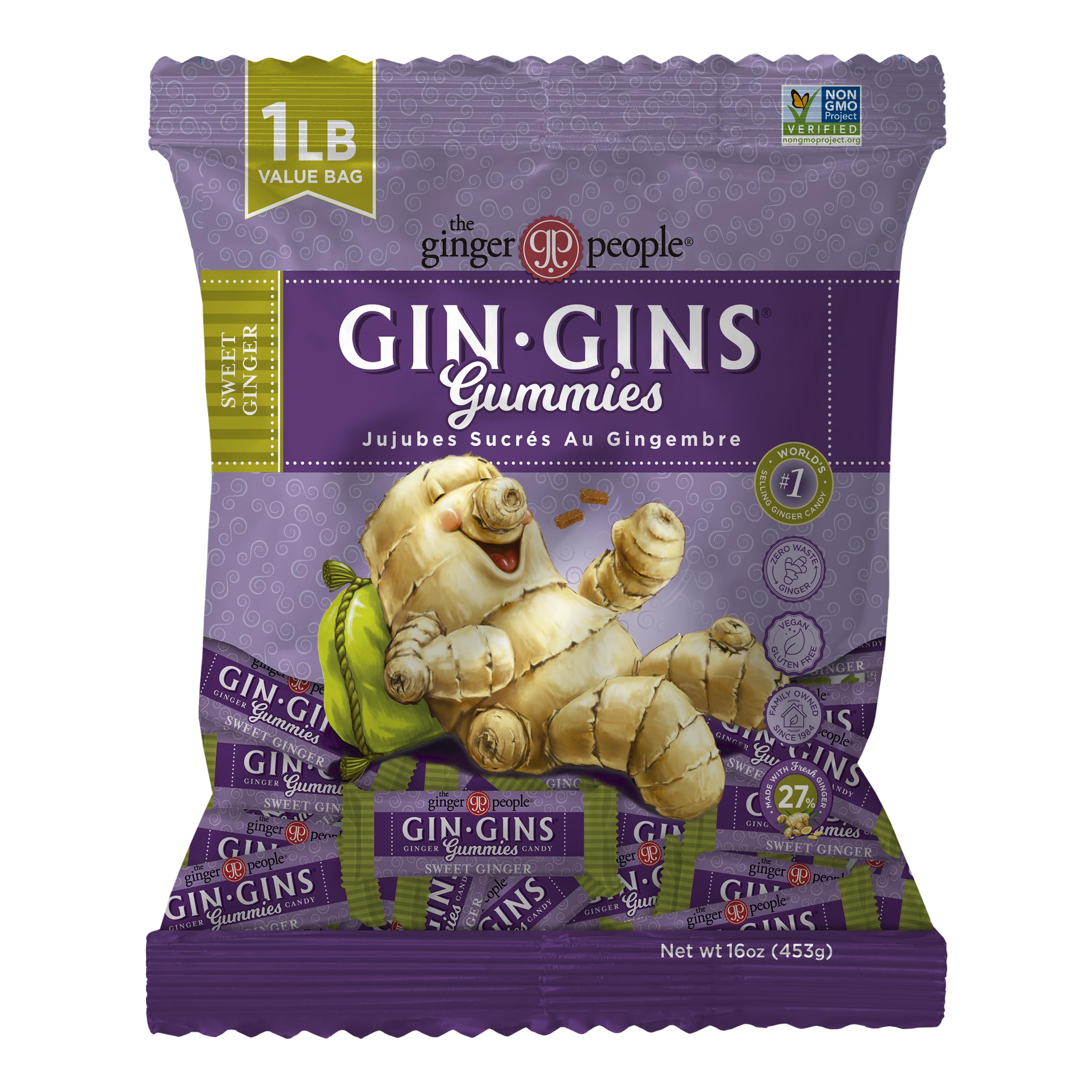 The Ginger People GIN GINS bag front view, ideal for on-the-go snacking.