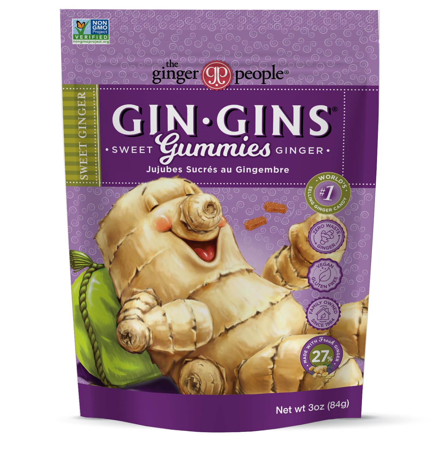 The Ginger People GIN GINS front pack showing natural ginger candy for on-the-go snacking