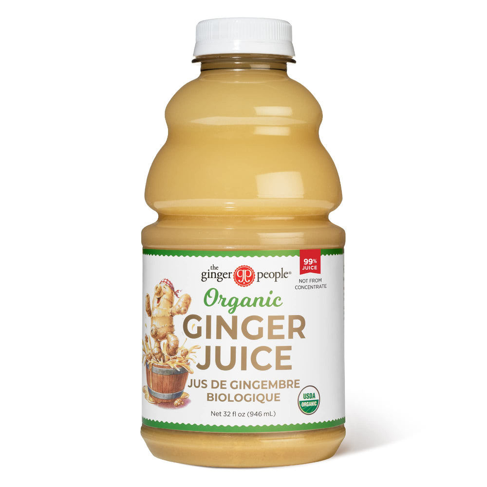 The Ginger People ginger juice bottle on a clean counter, ready for daily wellness use.