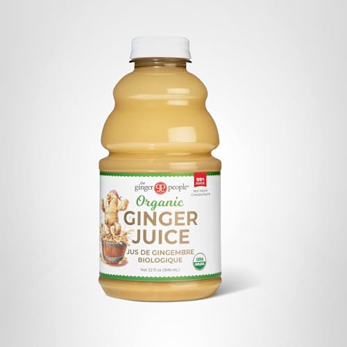 The Ginger People ginger juice bottle beside a glass with lemon for flavor enhancement.