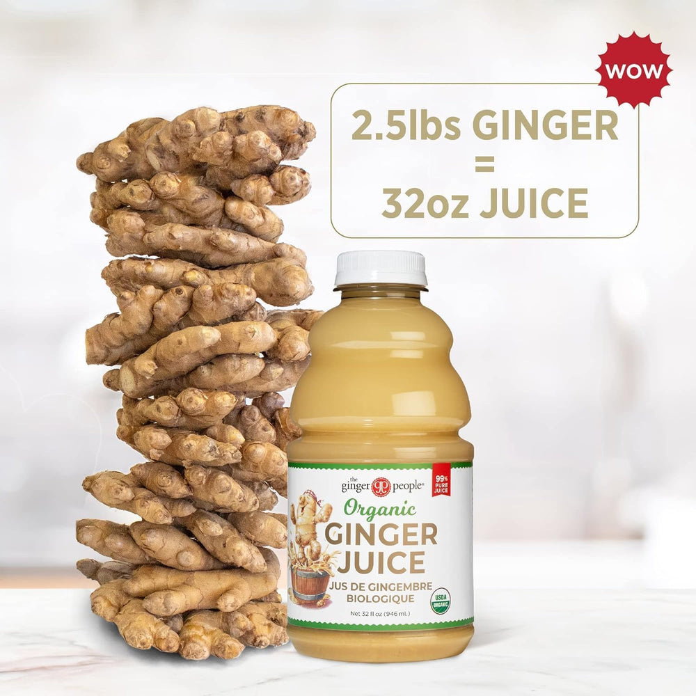 The Ginger People close-up ginger juice shows vibrant color and purity.