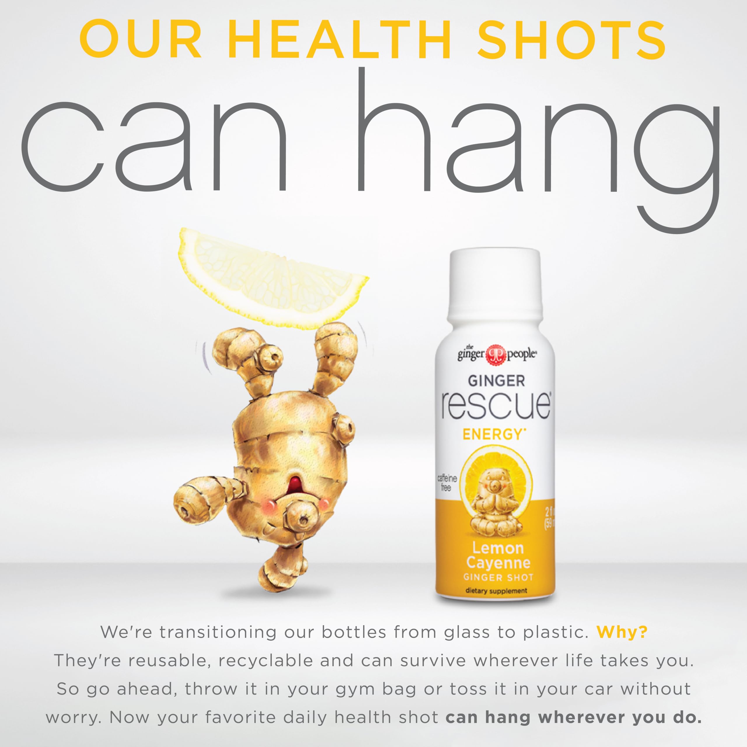 The Ginger People Ginger Rescue Shot bottle highlights cayenne pepper for heat.