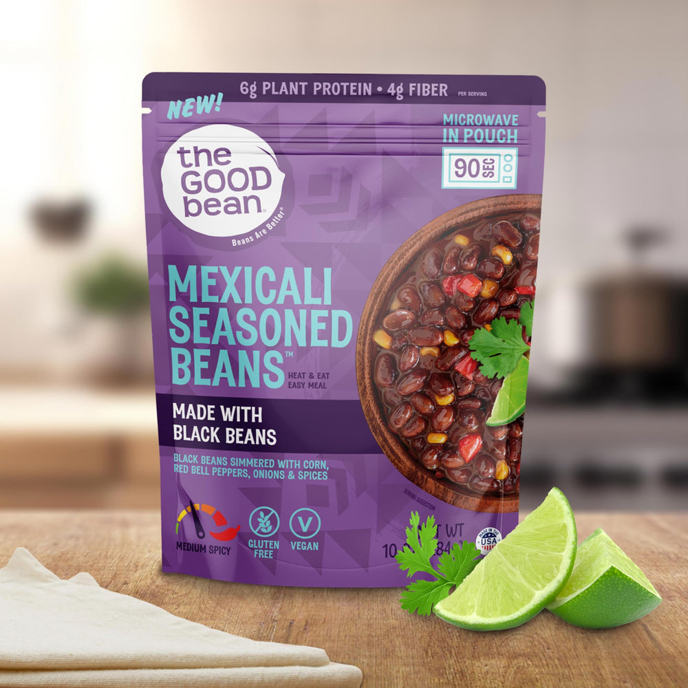 The Good Bean Mexicali serving bowl with beans, ready to pair with rice.