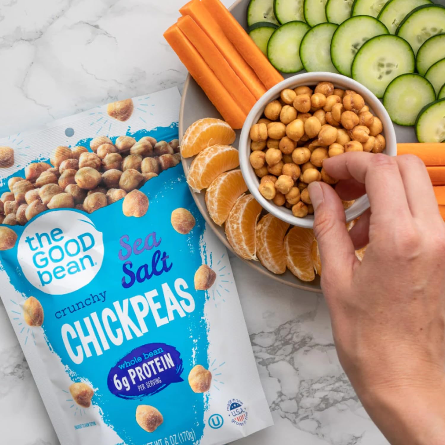 The Good Bean Sea Salt Chickpeas bag open shows convenient serving size.