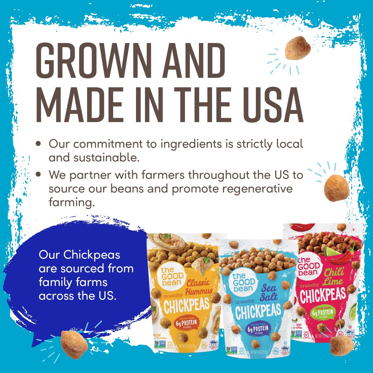 The Good Bean Sea Salt Chickpeas on a snack plate, protein and fiber highlighted.