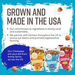 The Good Bean Sea Salt Chickpeas on a snack plate, protein and fiber highlighted.