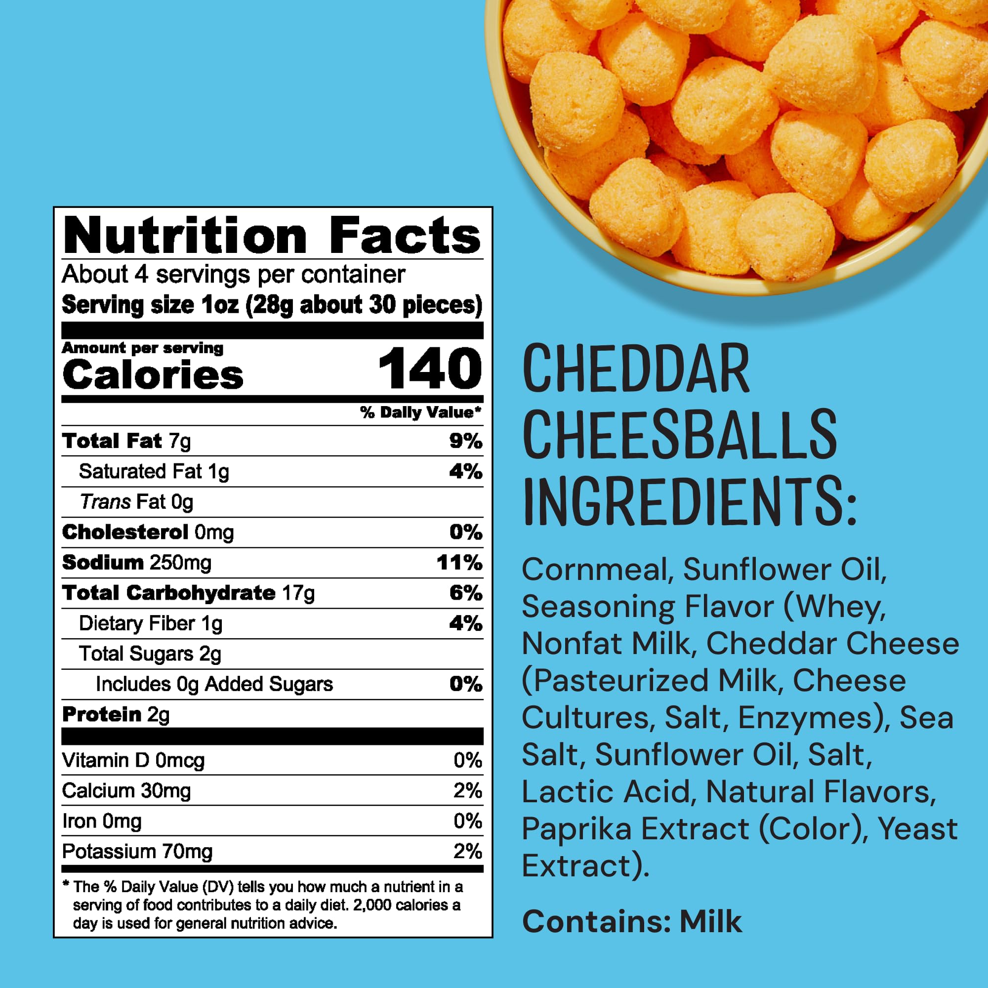 Close-up of The Good Crisp Company cheddar cheese balls showing crisp exterior and creamy center.