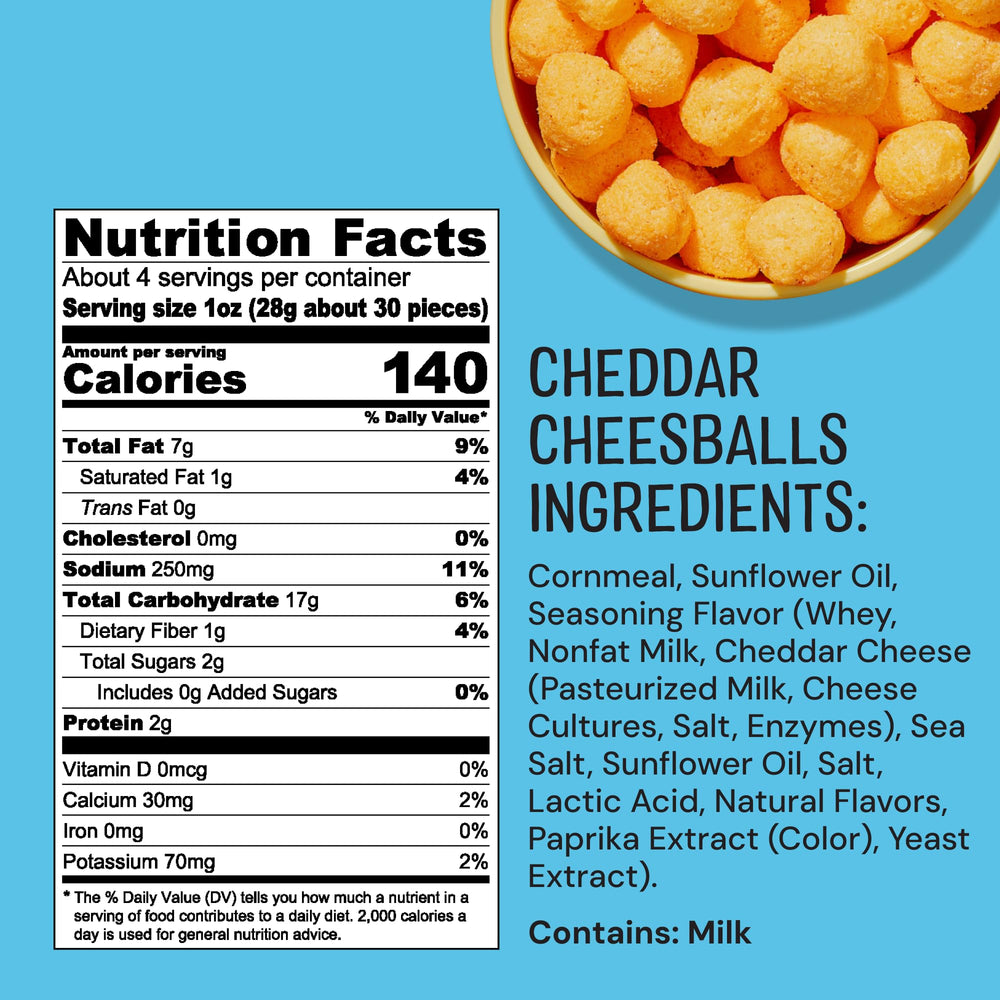 Close-up of The Good Crisp Company cheddar cheese balls showing crisp exterior and creamy center.