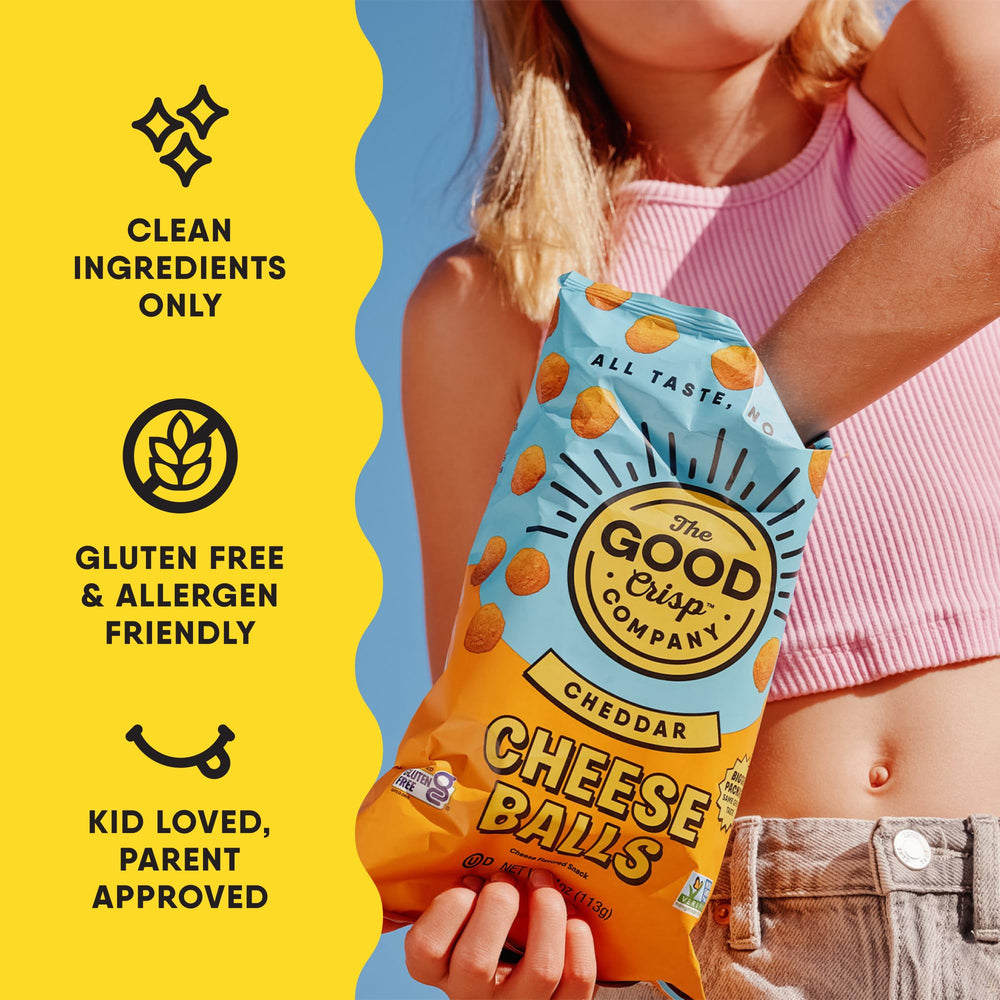 The Good Crisp Company cheddar cheese balls in a resealable bag for fresh daily snacks.