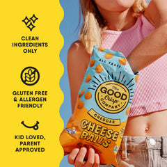 The Good Crisp Company cheddar cheese balls in a resealable bag for fresh daily snacks.