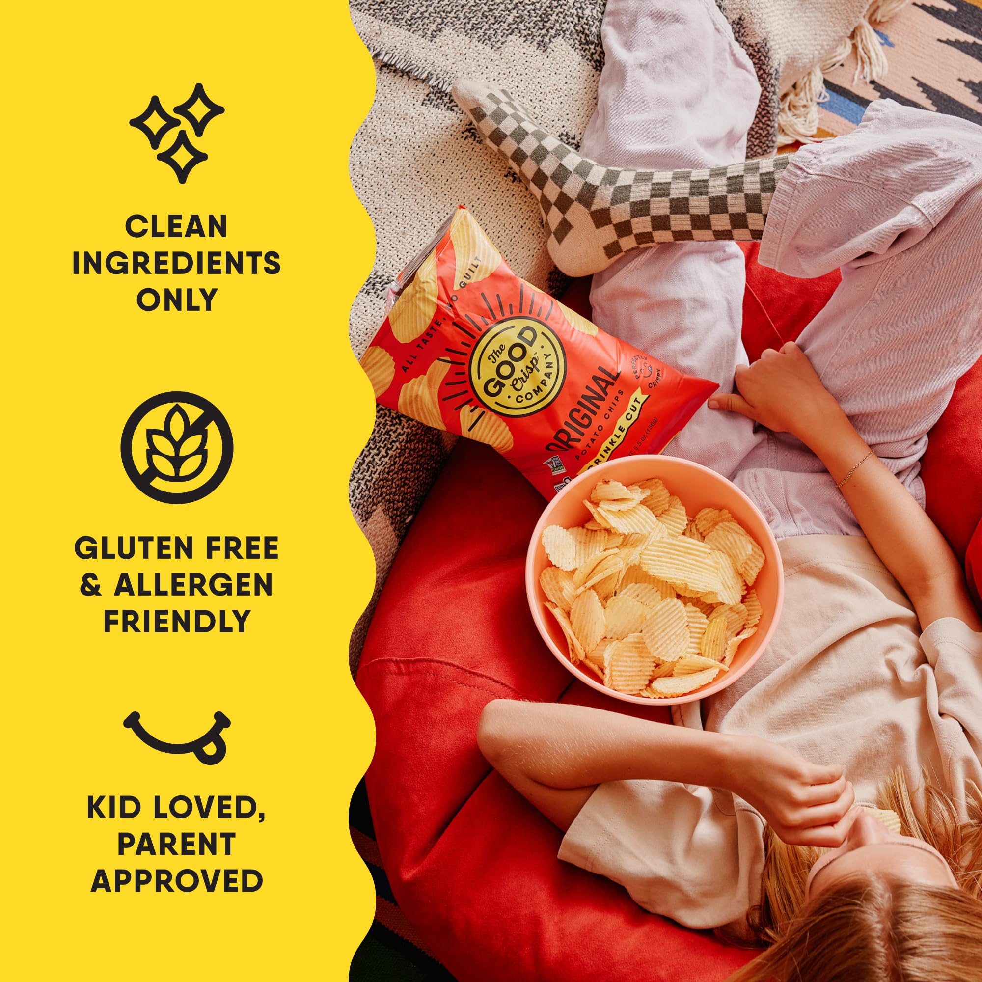 The Good Crisp Company crinkle-cut sea salt and vinegar chips, bright and tangy, perfect for on-the-go snacking.
