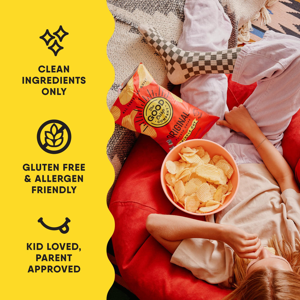 The Good Crisp Company crinkle-cut sea salt and vinegar chips, bright and tangy, perfect for on-the-go snacking.