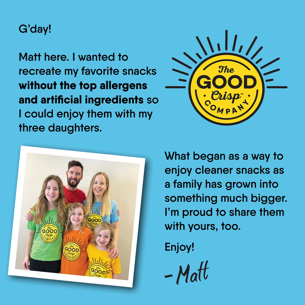 Family enjoying The Good Crisp Company Good Crisps Minis Original, allergen-friendly snack.