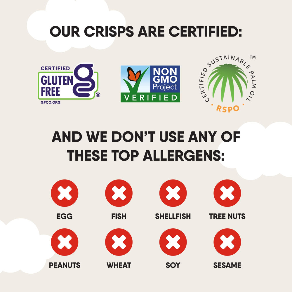 Package shows gluten-free and non-GMO labels for The Good Crisp Company Minis Original.