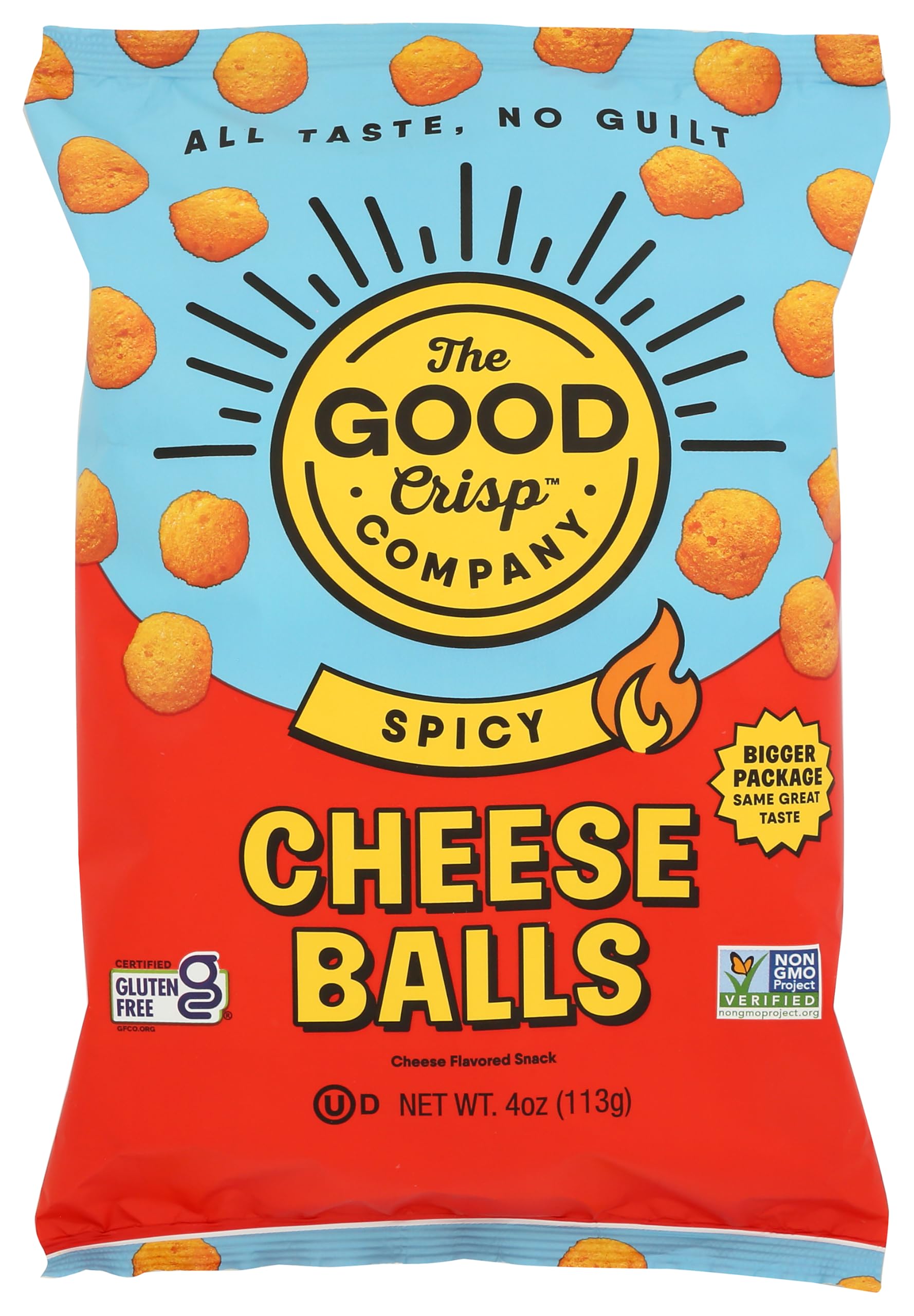 The Good Crisp Company Spicy Cheese Balls front view, ready to enjoy anytime