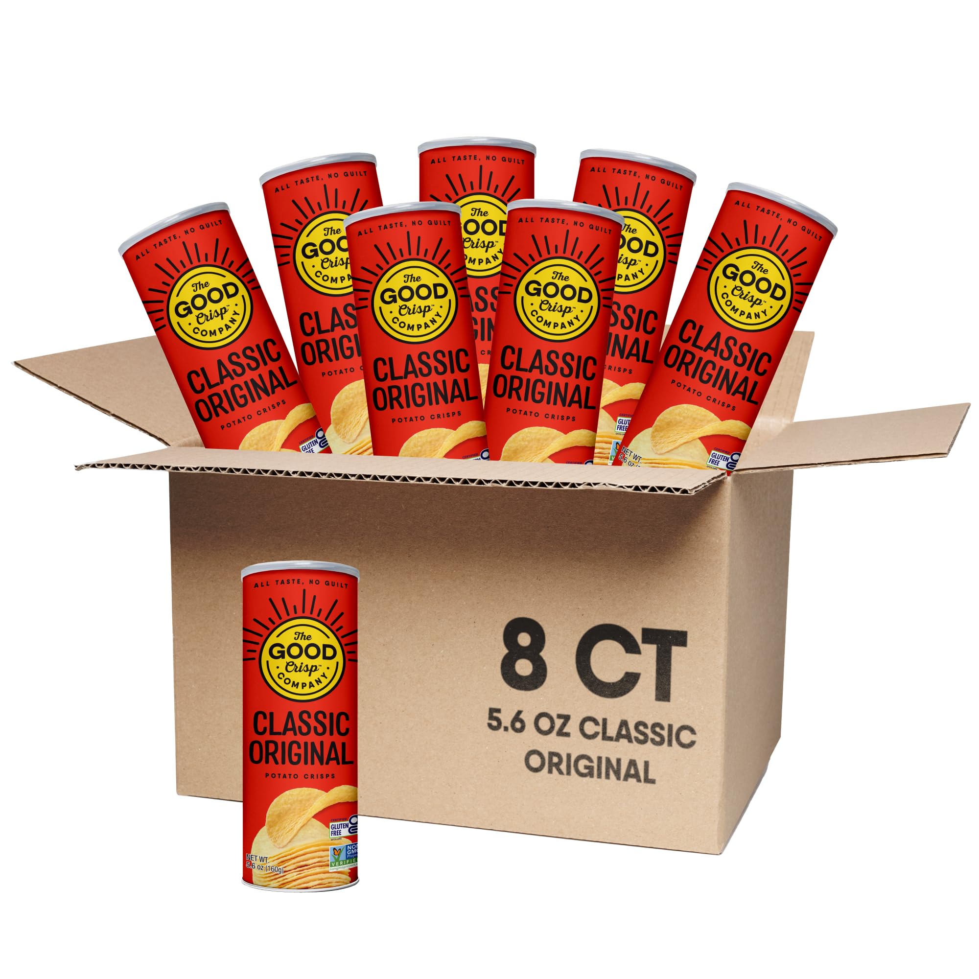 The Good Crisp Company Original gluten free potato chips canister for easy portion control at lunch