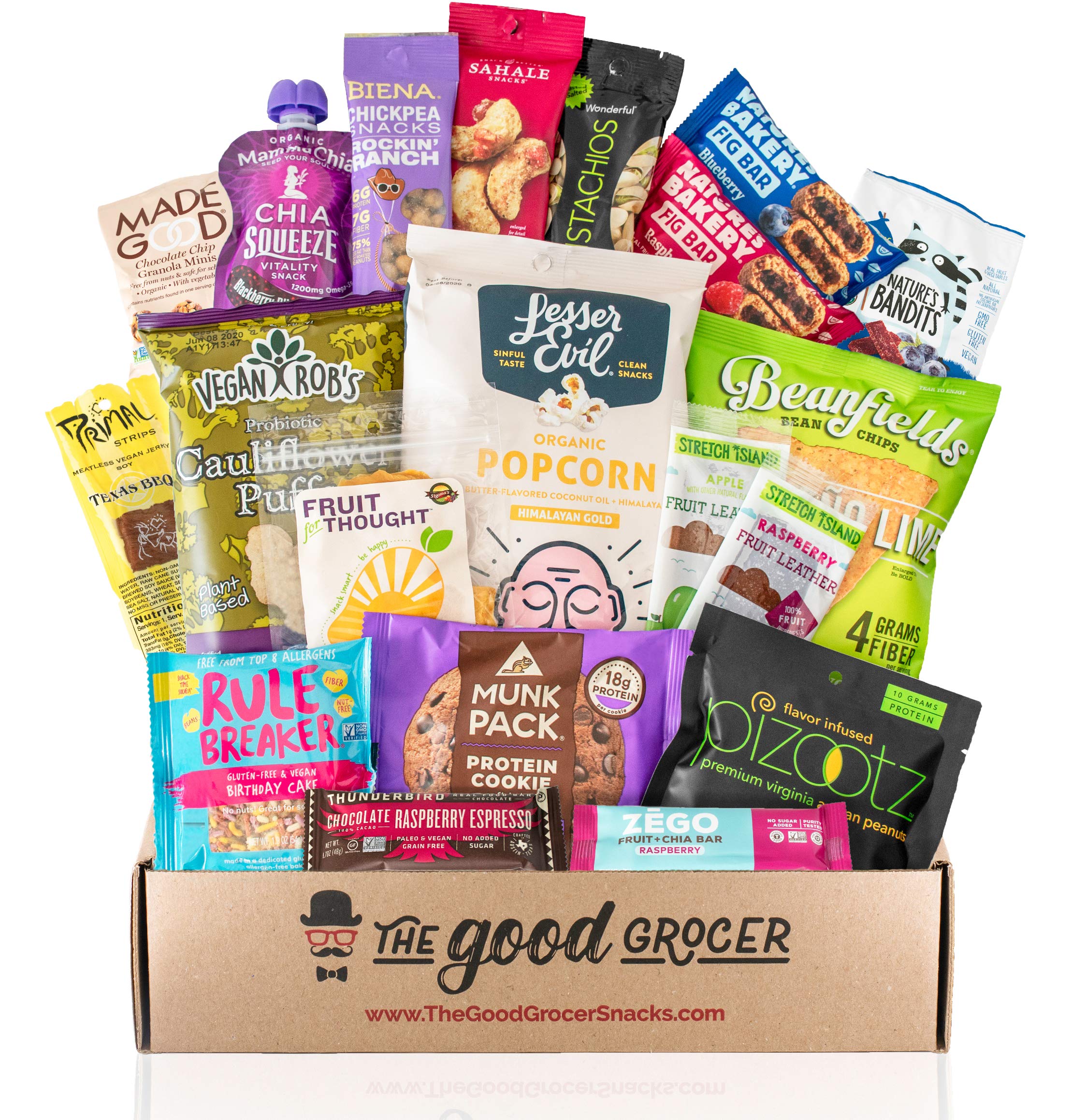 The Good Grocer vegan snacks box front view, ready for gifting and convenient snacking.
