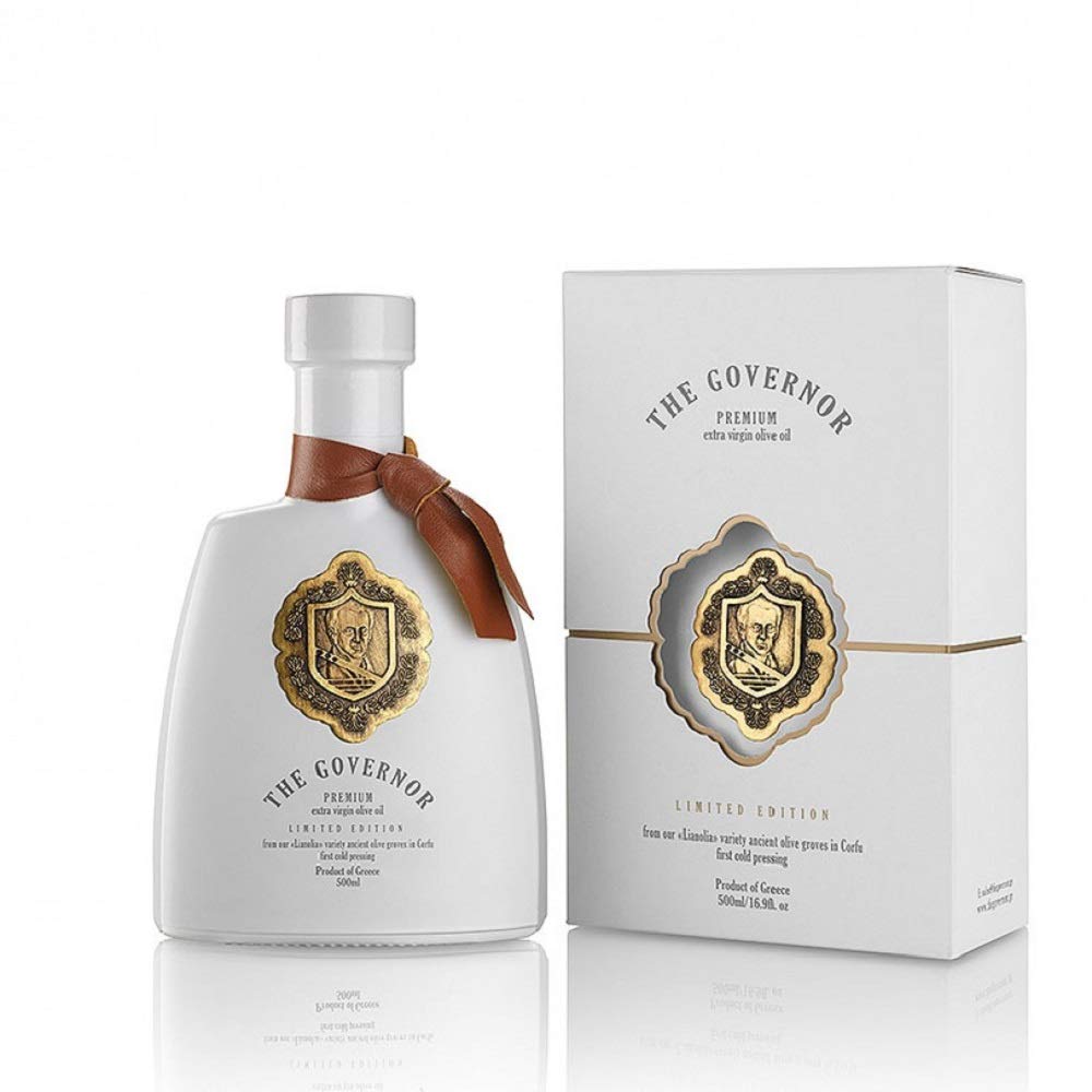 The Governor olive oil bottle closeup label highlights premium quality and polyphenols.