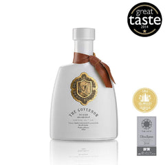 The Governor olive oil bottle neck leather detail reflects artisanal craftsmanship.