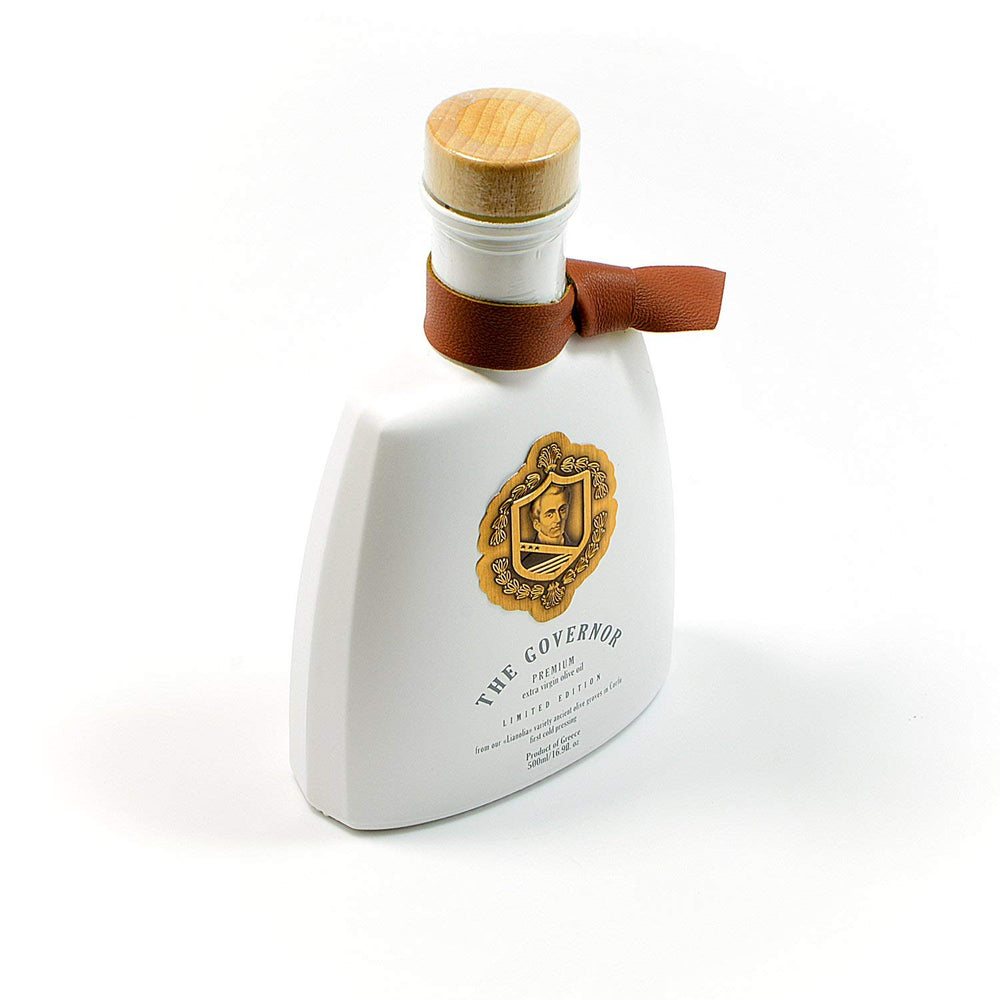 The Governor olive oil on a salad bowl signals versatile finishing oil.