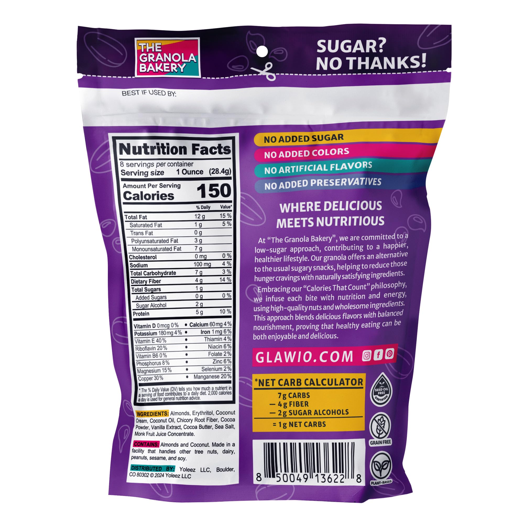 Close-up of almonds and chocolate pieces in TGB Keto Nuts, emphasizing flavor and fiber.