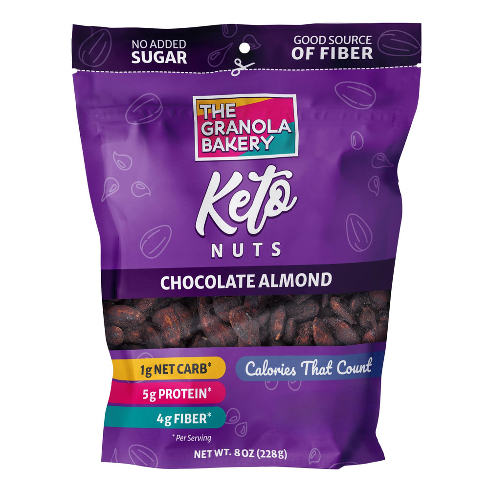 Front view of The Granola Bakery TGB Chocolate Almond Keto Nuts bag, a low-carb snack.