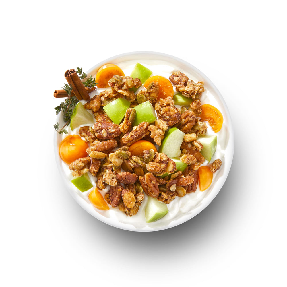 Cinnamon Keto Granola closeup reveals almonds and crunch with nutrient-dense, fiber-rich appeal.