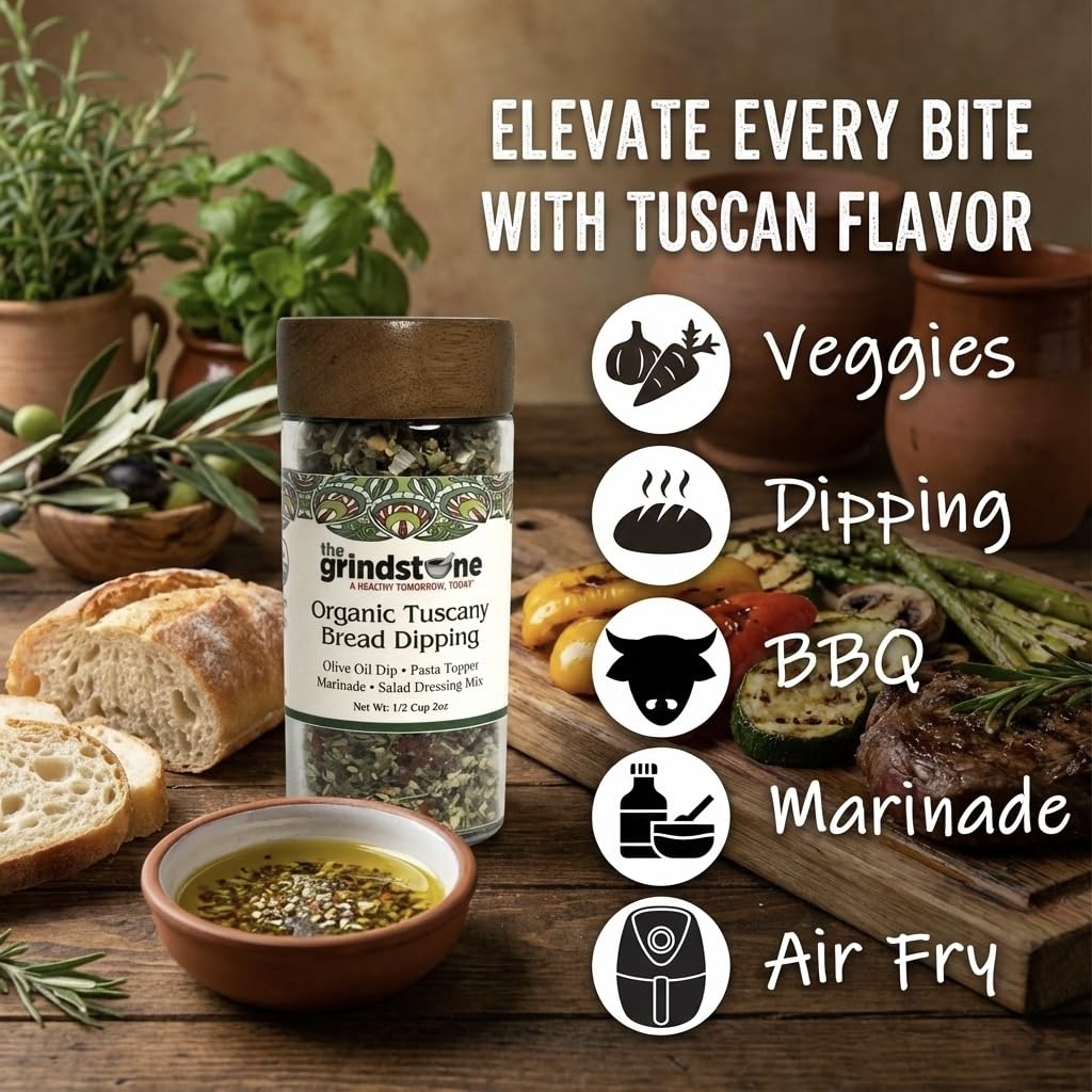 The Grindstone Tuscany ingredients closeup showcases garlic, pepper, and herbs for bold aroma.