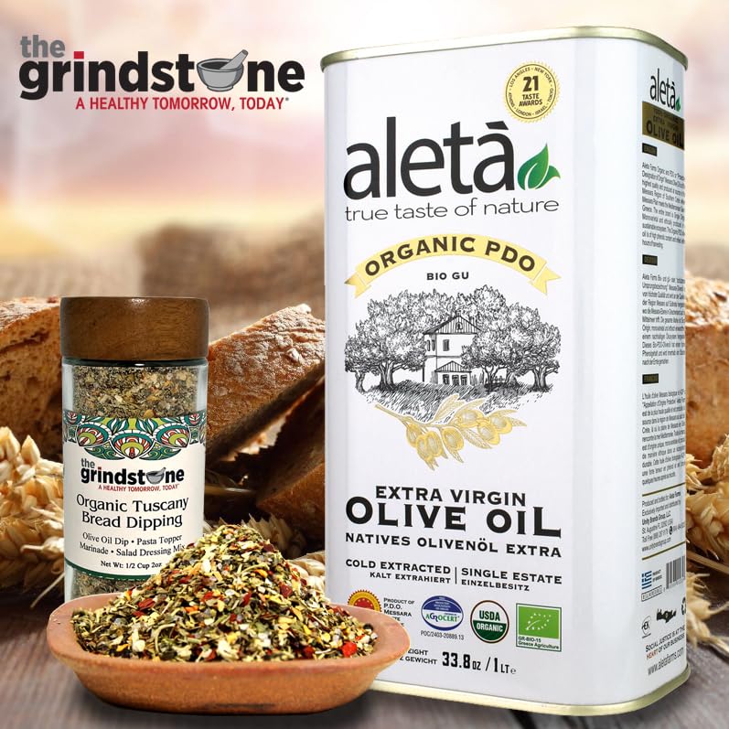 The Grindstone kitchen dipping setup shows a ready-to-use spice mix with olive oil.