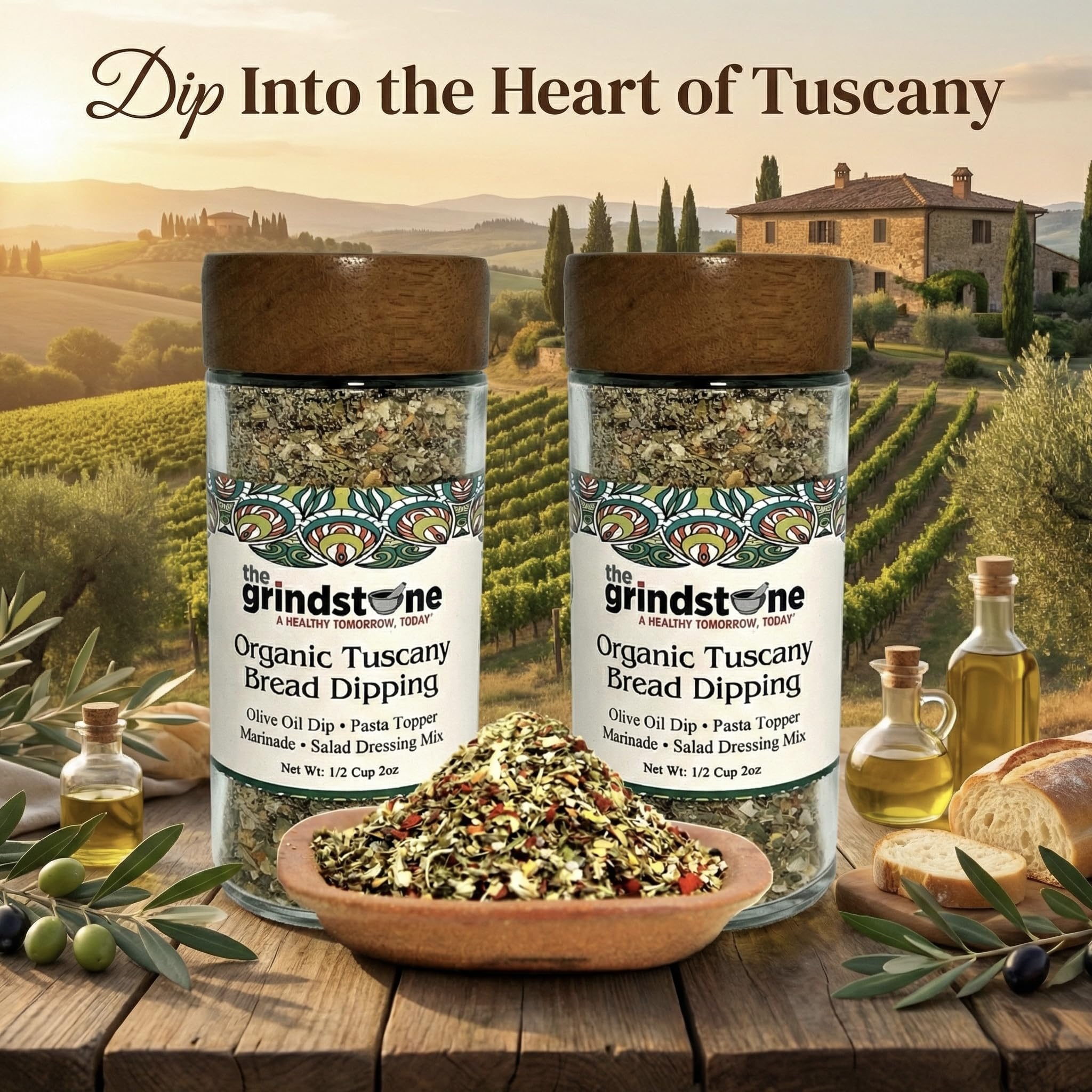 The Grindstone Organic Tuscany spice blend offers clean ingredients for gourmet dipping.