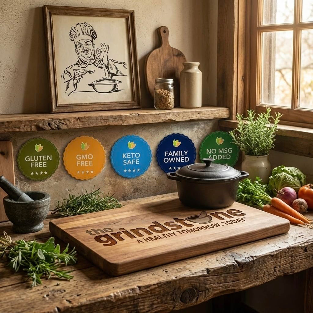 The Grindstone USA handcrafted brand signals small-batch quality and family-owned care.