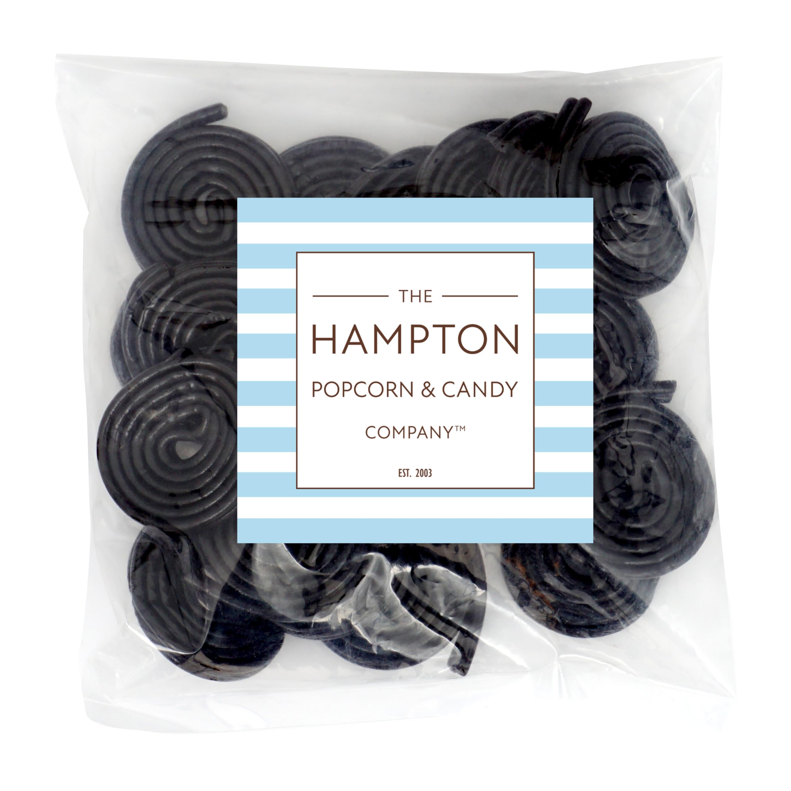 Back view of Broadway Black Licorice Wheels bag showing 8-ounce bulk size for gatherings.