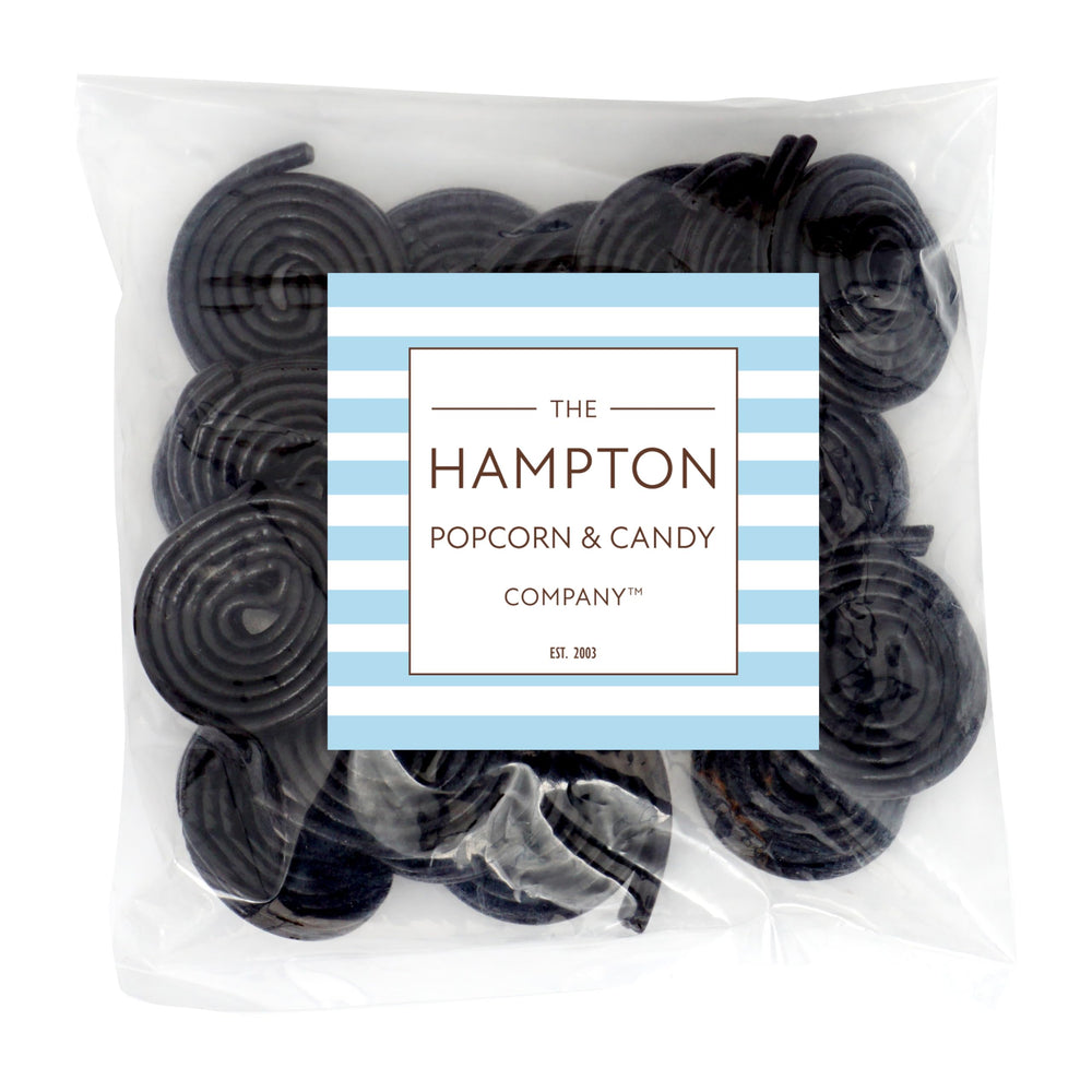Back view of Broadway Black Licorice Wheels bag showing 8-ounce bulk size for gatherings.